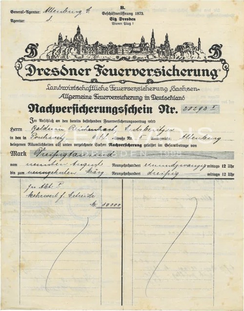 Feuerversicherung Police von 1921, (c) Realvadis Feuerversicherung Police von 1921, (c) Realvadis